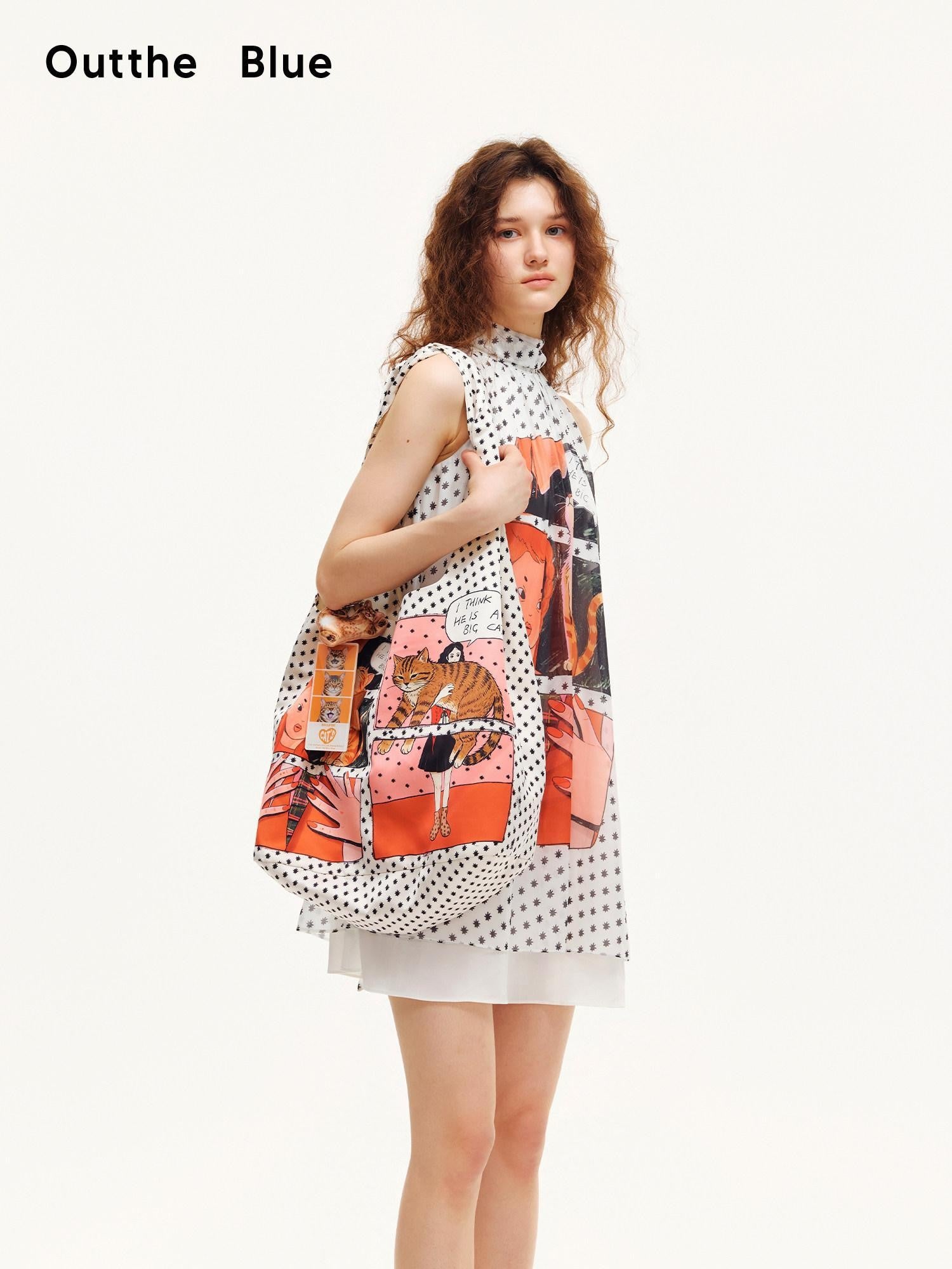 OuttheBlue Satin Comic Print Twist Knot Large Capacity Women&