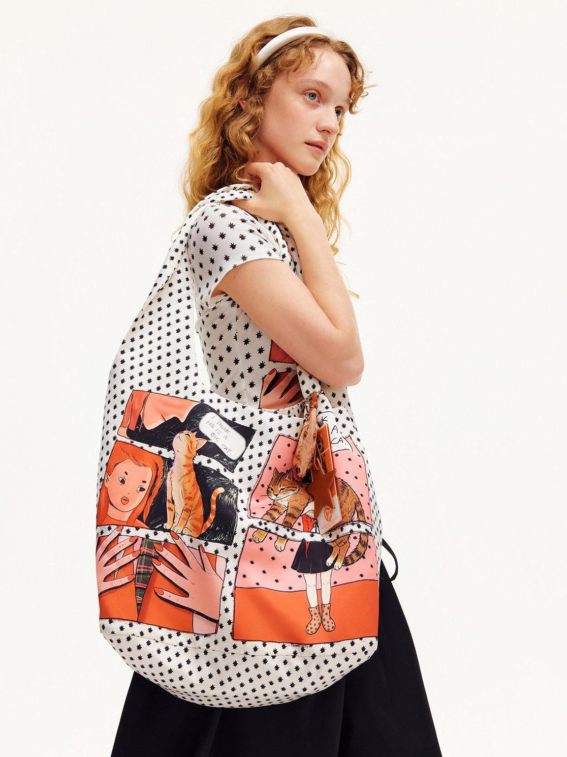 OuttheBlue Satin Comic Print Twist Knot Large Capacity Women&