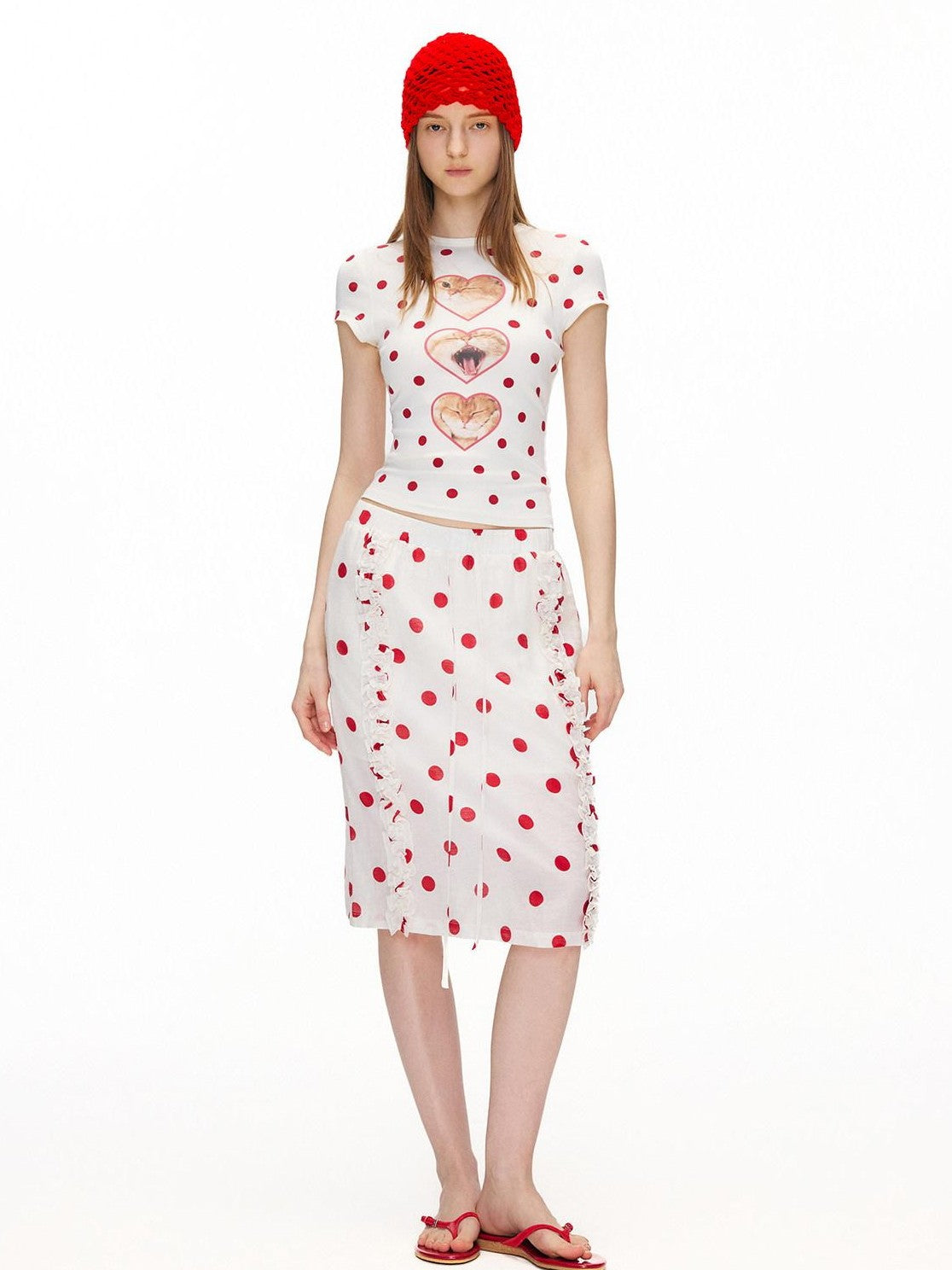 OuttheBlue Sleepy Cat Polka Flocking Print Women&