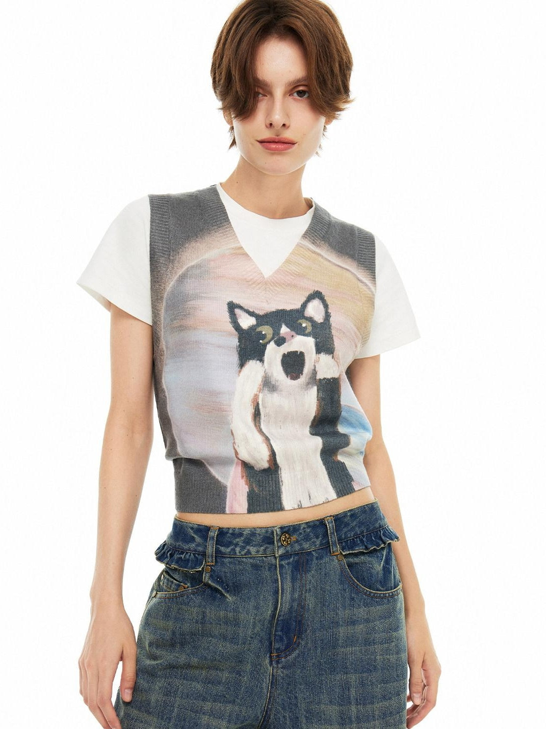 OuttheBlue Soft Acrylic Blend Office Cropped V-neck Sleeveless Animal Print Tank Tops