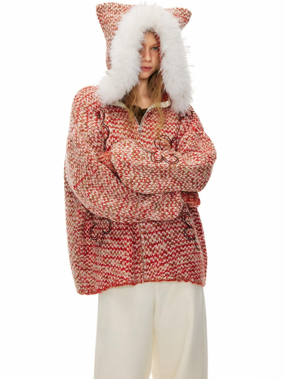 OuttheBlue Soft Acrylic Hooded Zip Up Loose Fit Commuter Women Solid Red Cardigans