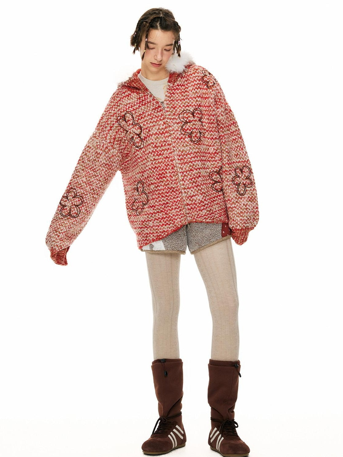 OuttheBlue Soft Acrylic Hooded Zip Up Loose Fit Commuter Women Solid Red Cardigans