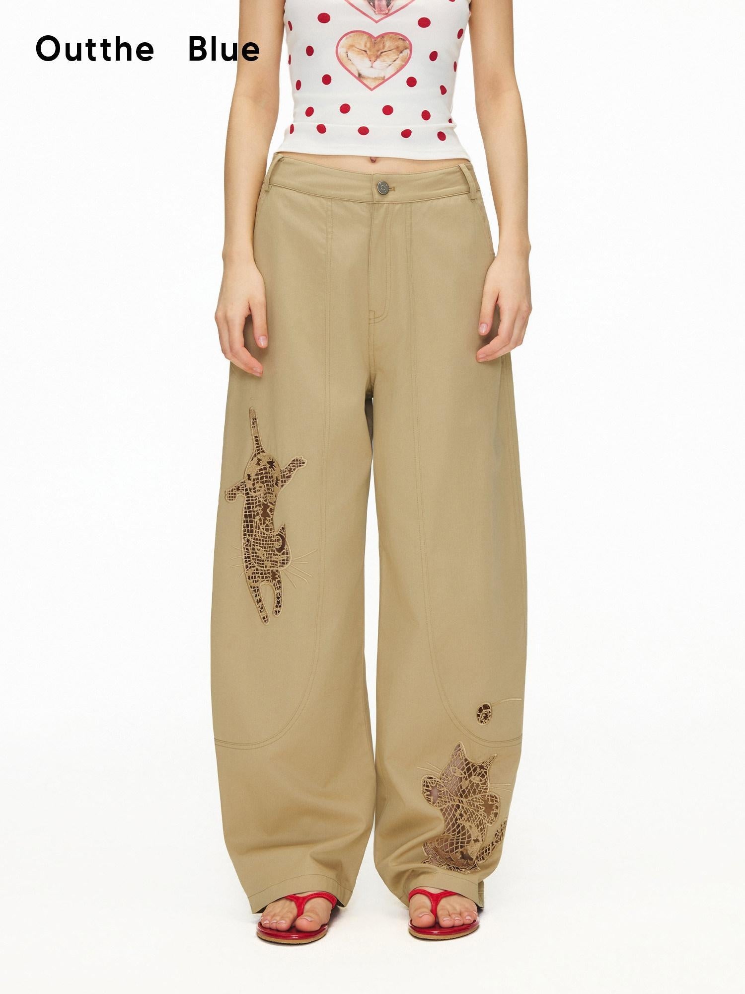 OuttheBlue Soft Cotton Animal Print Casual Straight Leg Natural Waist Khaki Womens Chinos