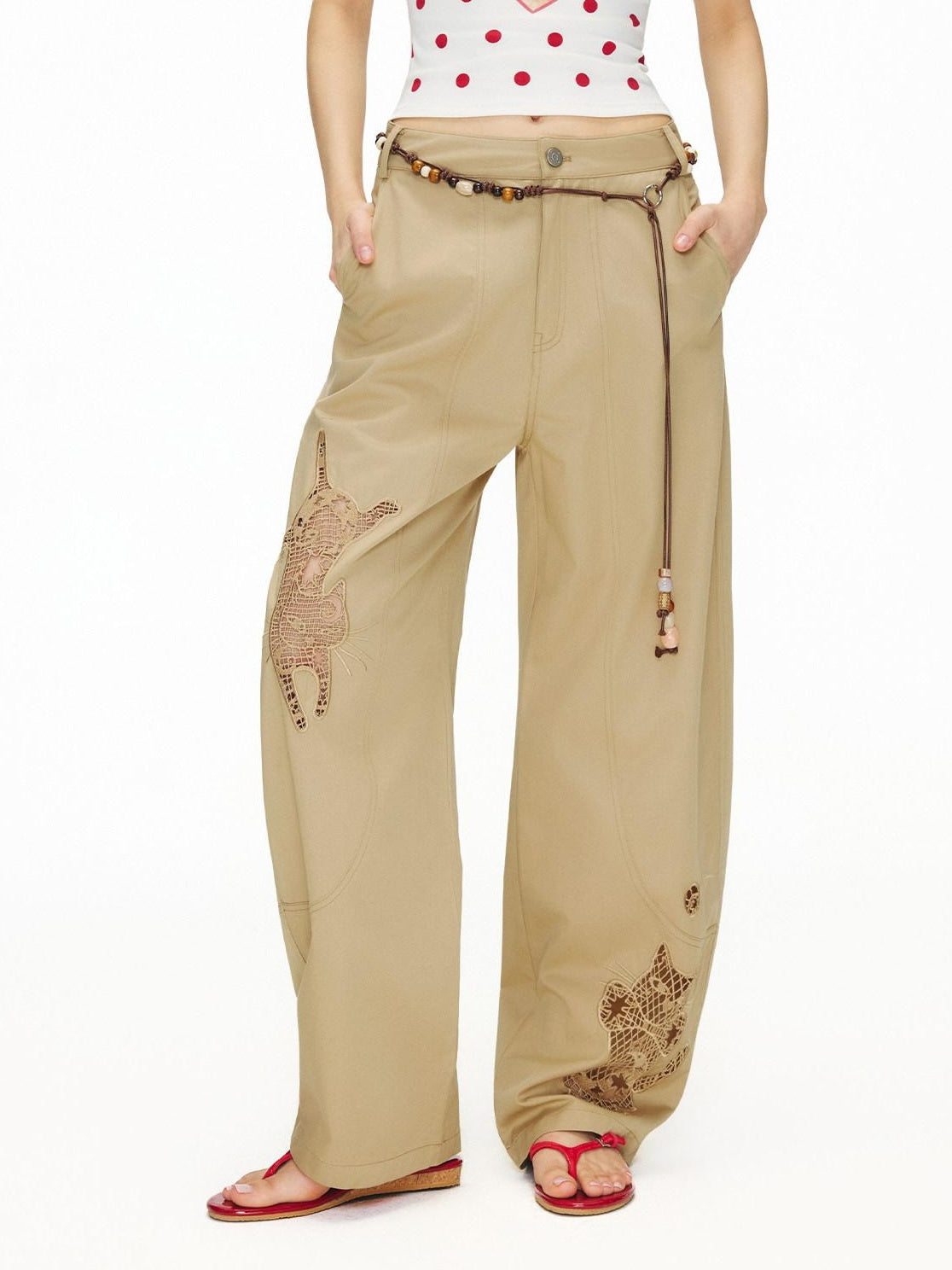 OuttheBlue Soft Cotton Animal Print Casual Straight Leg Natural Waist Khaki Womens Chinos