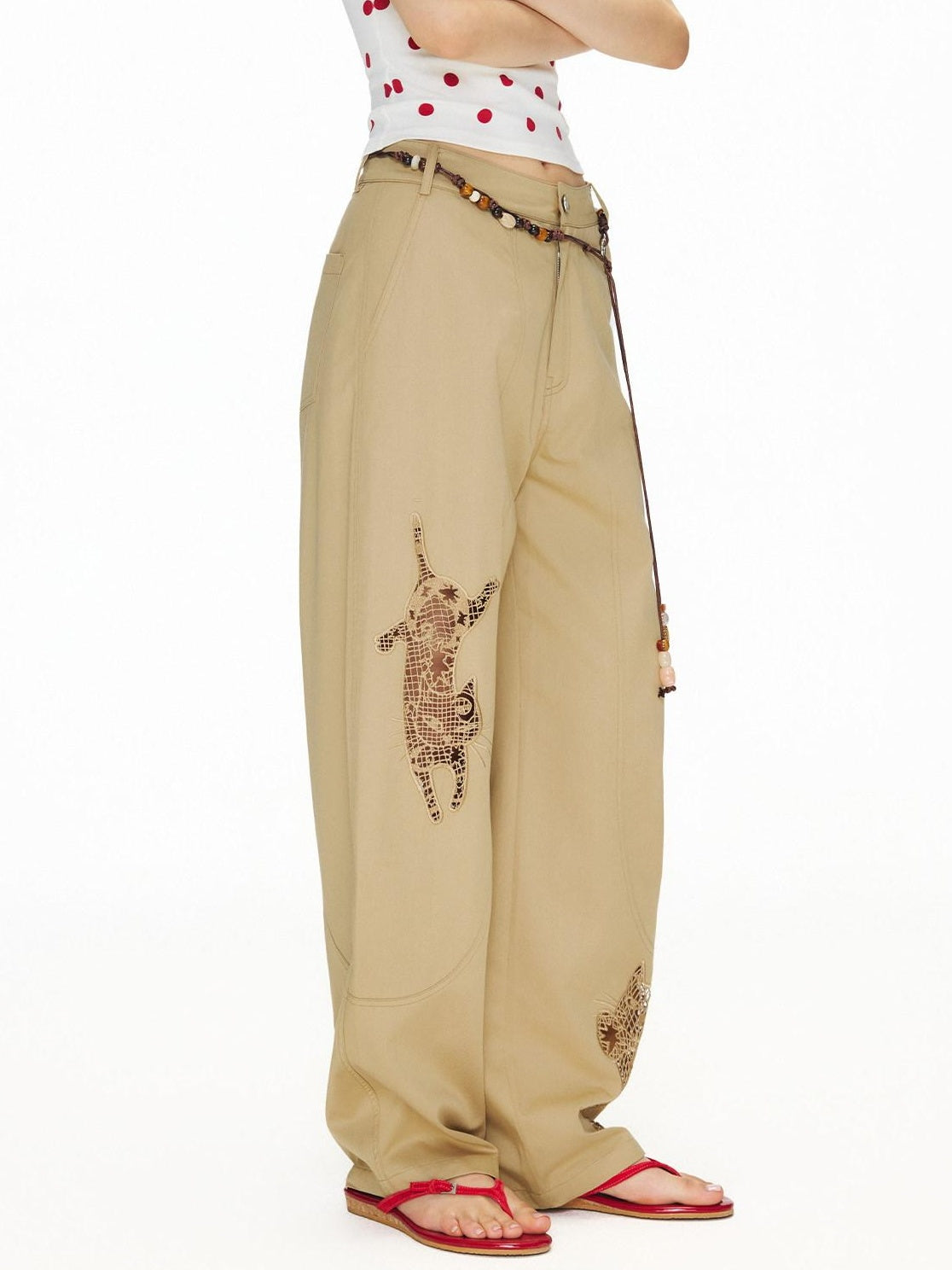 OuttheBlue Soft Cotton Animal Print Casual Straight Leg Natural Waist Khaki Womens Chinos