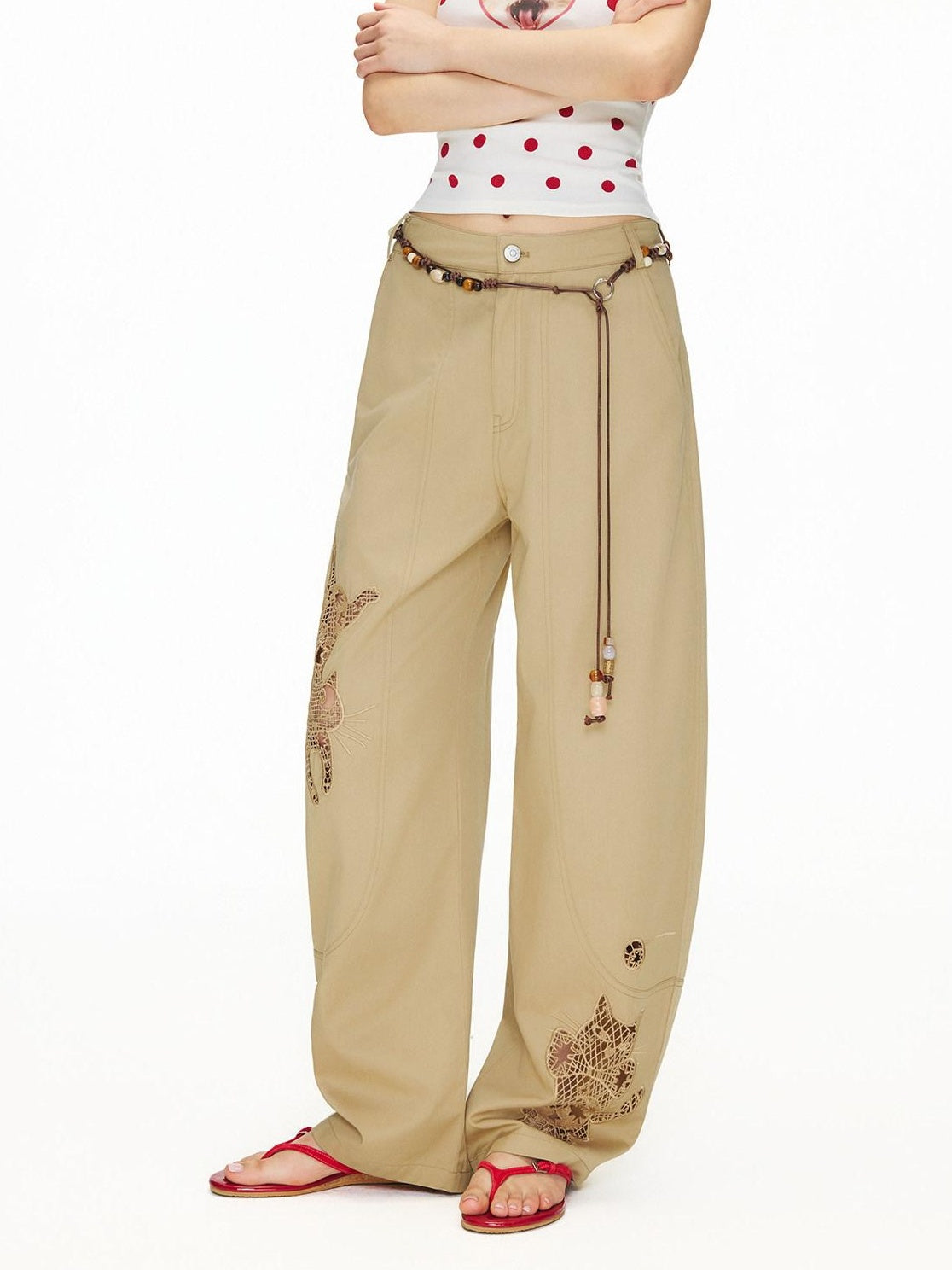 OuttheBlue Soft Cotton Animal Print Casual Straight Leg Natural Waist Khaki Womens Chinos