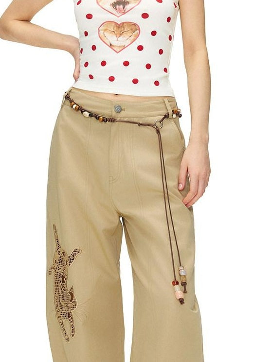 OuttheBlue Soft Cotton Animal Print Casual Straight Leg Natural Waist Khaki Womens Chinos