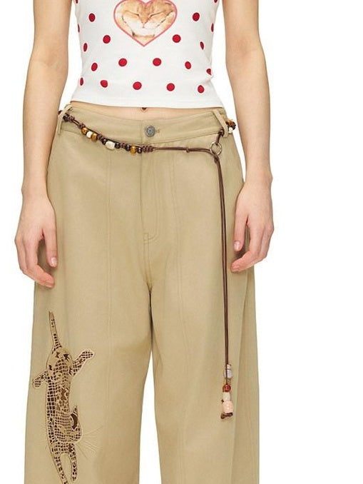 OuttheBlue Soft Cotton Animal Print Casual Straight Leg Natural Waist Khaki Womens Chinos