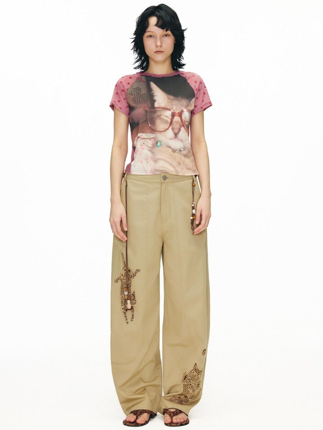OuttheBlue Soft Cotton Animal Print Casual Straight Leg Natural Waist Khaki Womens Chinos