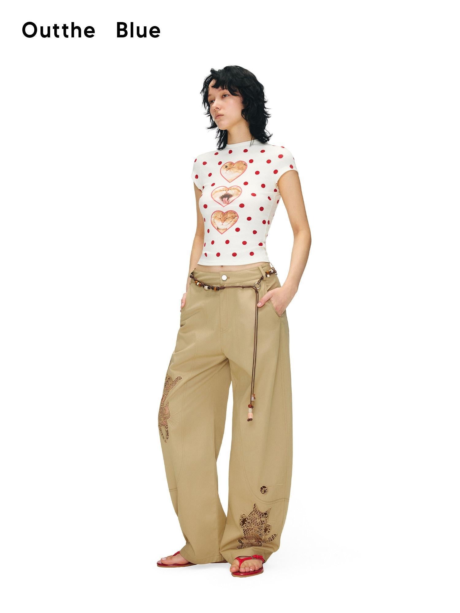 OuttheBlue Soft Cotton Animal Print Casual Straight Leg Natural Waist Khaki Womens Chinos
