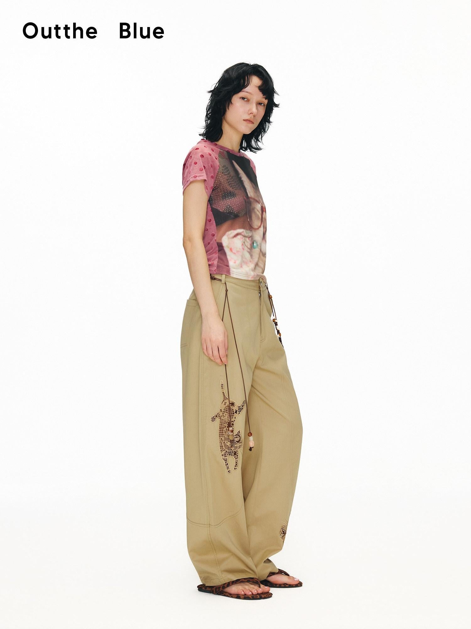 OuttheBlue Soft Cotton Animal Print Casual Straight Leg Natural Waist Khaki Womens Chinos
