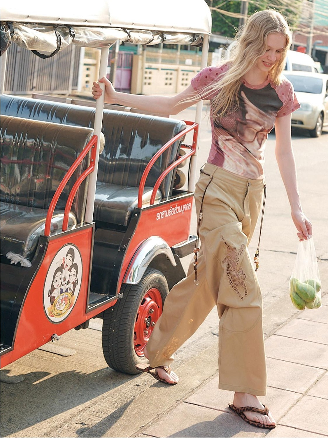 OuttheBlue Soft Cotton Animal Print Casual Straight Leg Natural Waist Khaki Womens Chinos