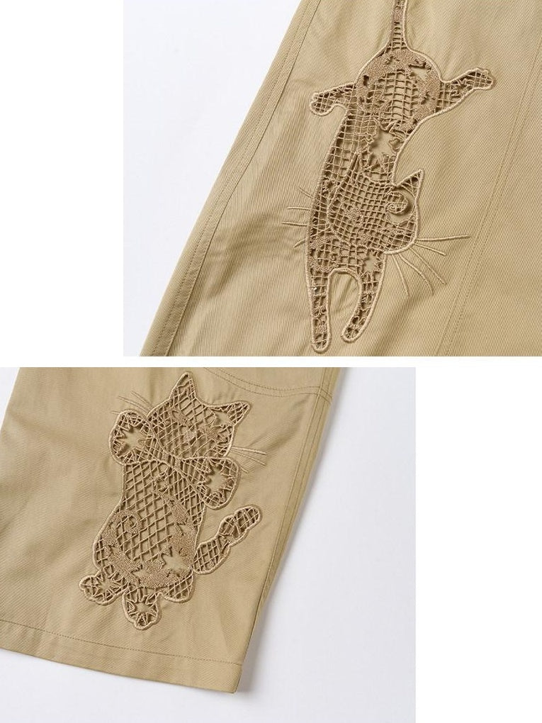 OuttheBlue Soft Cotton Animal Print Casual Straight Leg Natural Waist Khaki Womens Chinos