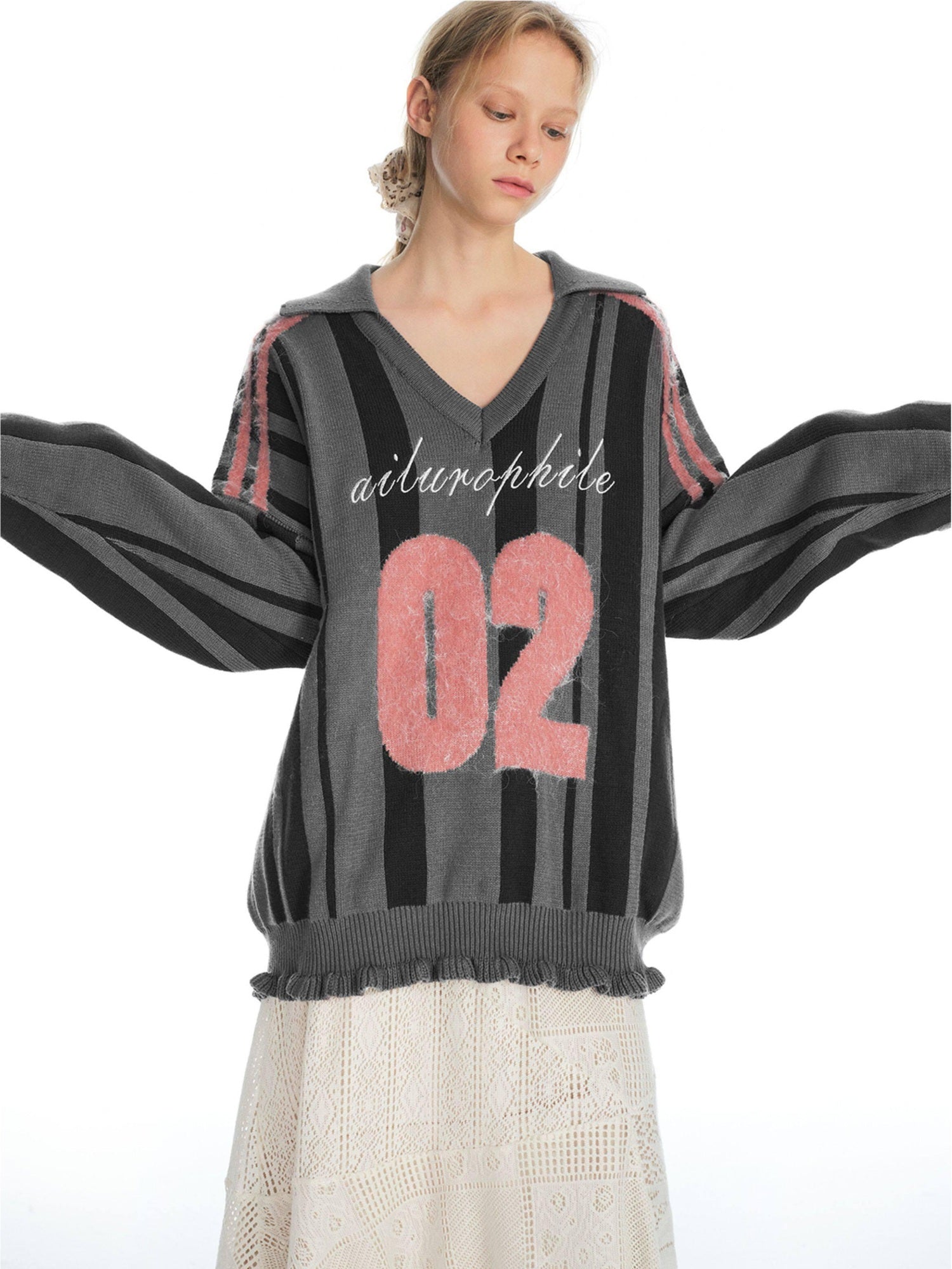 OuttheBlue Soft Cotton Blend Lace Contrast V-neck Loose Casual Work Knit Sweaters