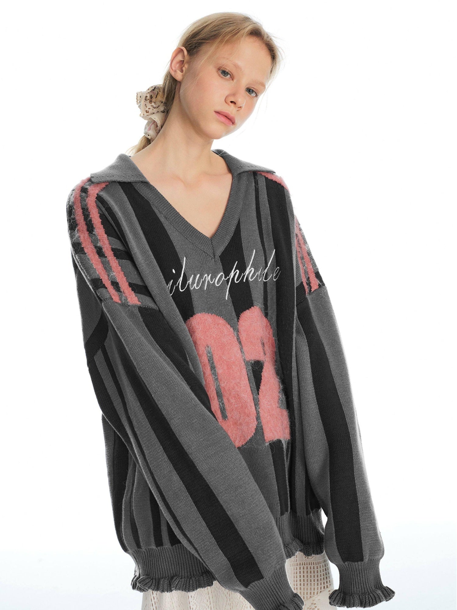 OuttheBlue Soft Cotton Blend Lace Contrast V-neck Loose Casual Work Knit Sweaters