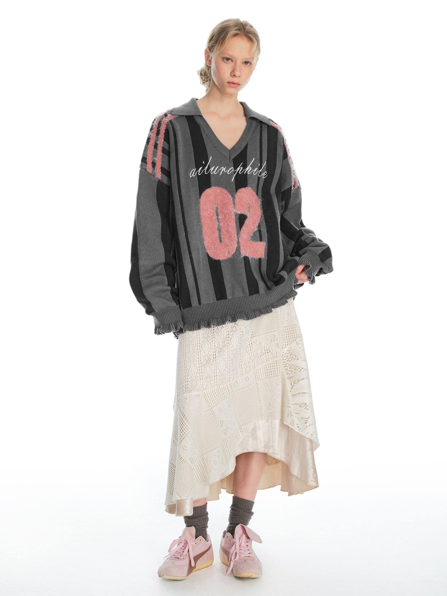 OuttheBlue Soft Cotton Blend Lace Contrast V-neck Loose Casual Work Knit Sweaters
