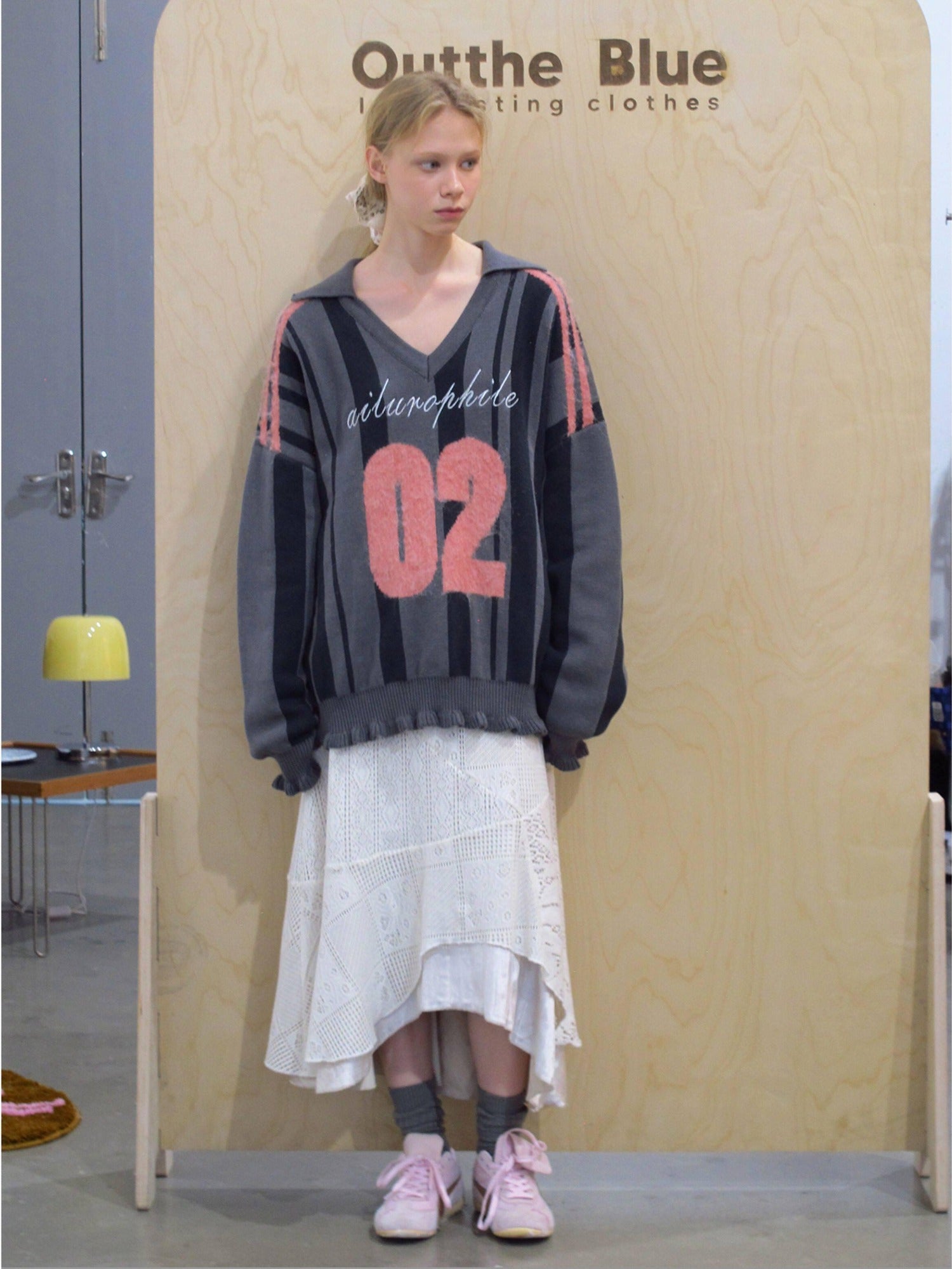 OuttheBlue Soft Cotton Blend Lace Contrast V-neck Loose Casual Work Knit Sweaters