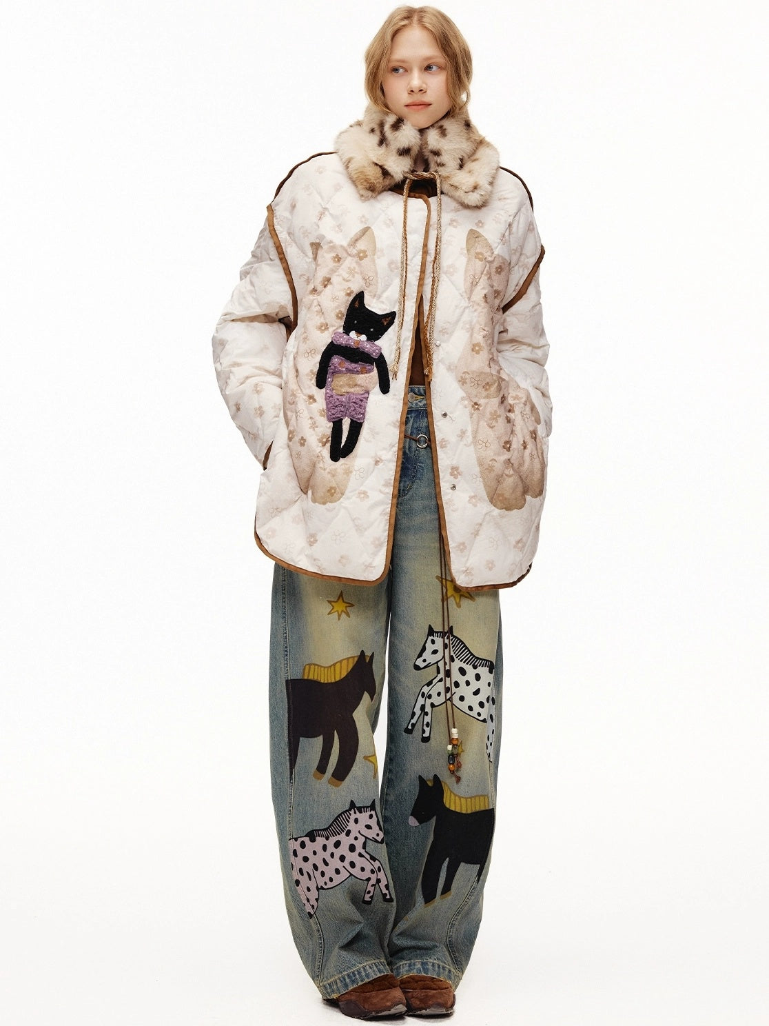 OuttheBlue Soft Cotton Stretch Natural Waist Wide Leg Vintage Wash Animal Print Women Jeans