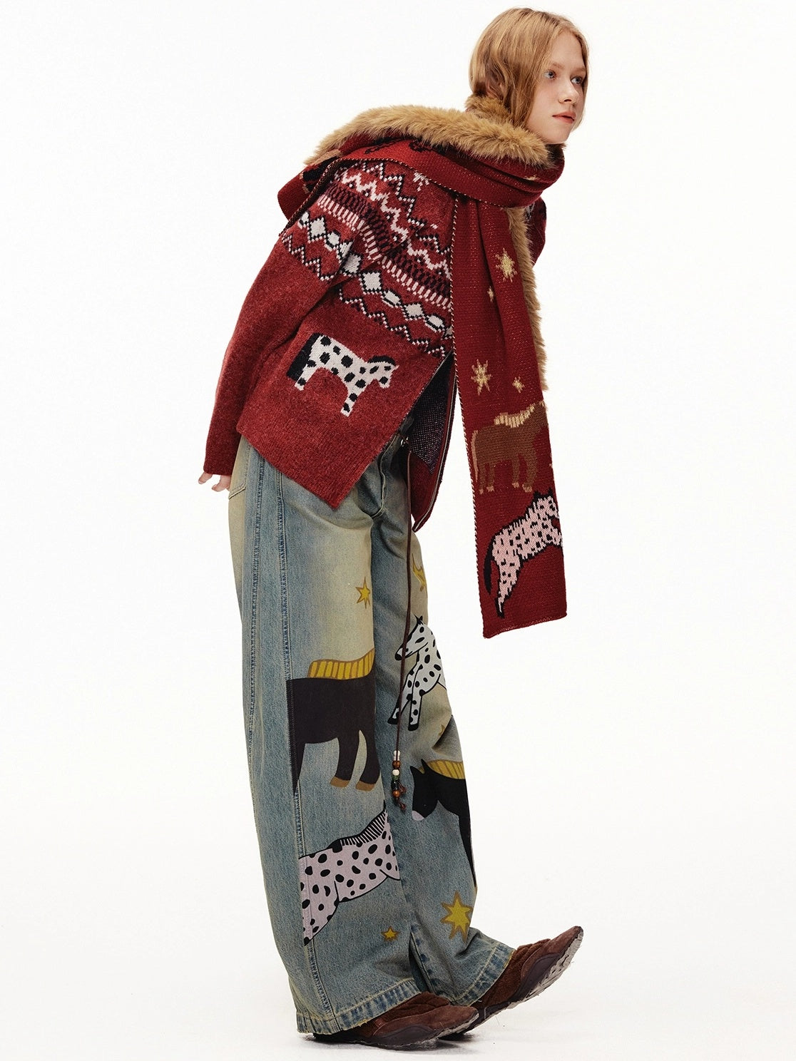 OuttheBlue Soft Cotton Stretch Natural Waist Wide Leg Vintage Wash Animal Print Women Jeans