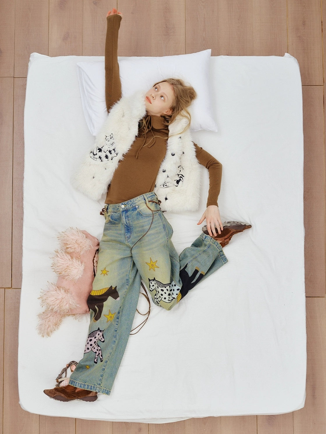 OuttheBlue Soft Cotton Stretch Natural Waist Wide Leg Vintage Wash Animal Print Women Jeans