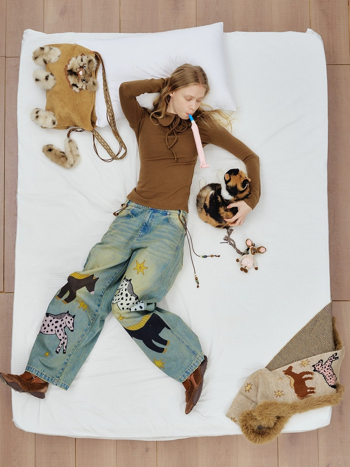 OuttheBlue Soft Cotton Stretch Natural Waist Wide Leg Vintage Wash Animal Print Women Jeans