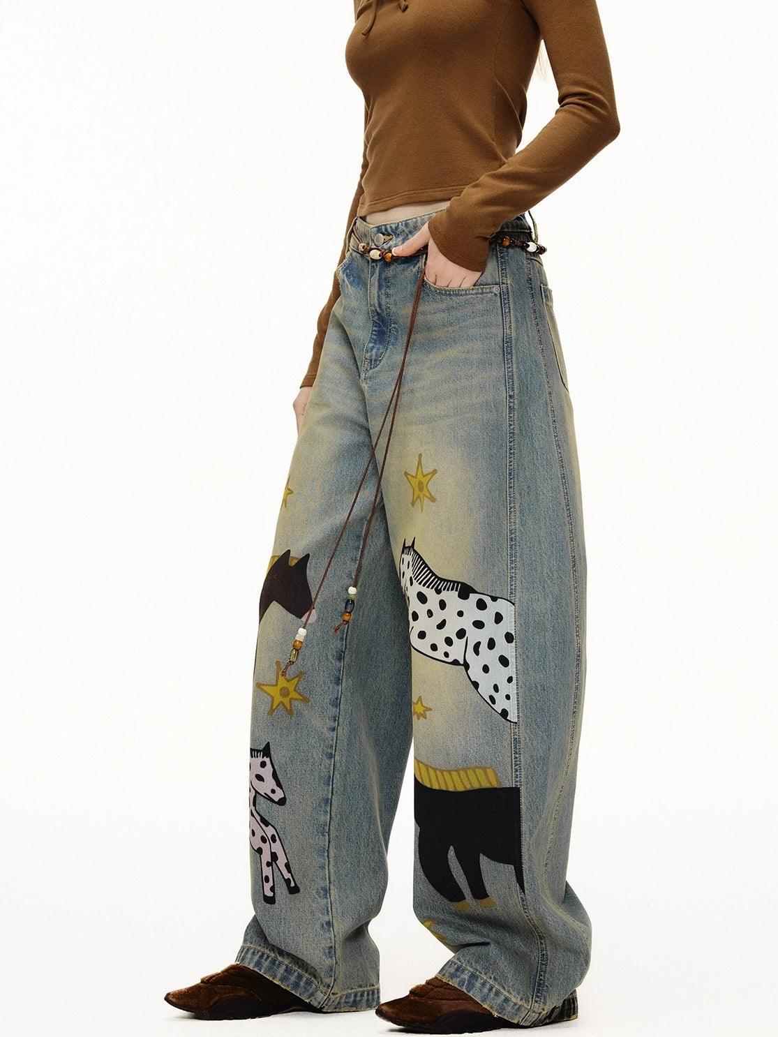 OuttheBlue Soft Cotton Stretch Natural Waist Wide Leg Vintage Wash Animal Print Women Jeans