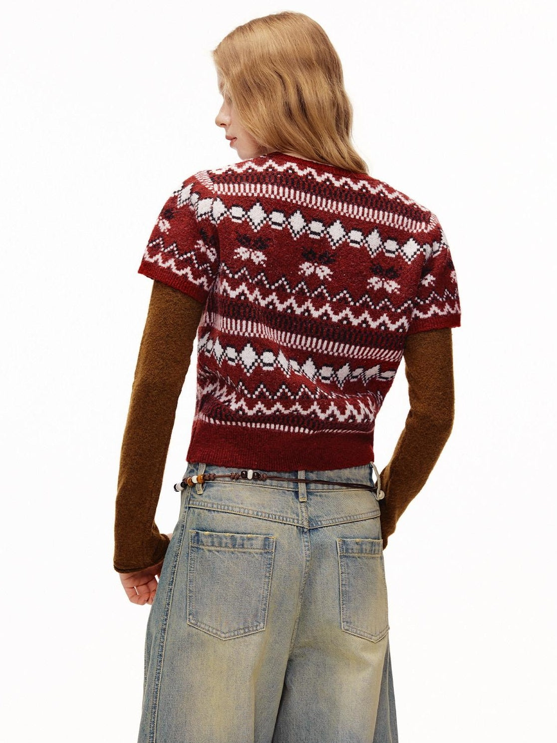 OuttheBlue Soft Knit Faux Two Piece Cropped Crew Neck Women Burgundy Animal Sweaters