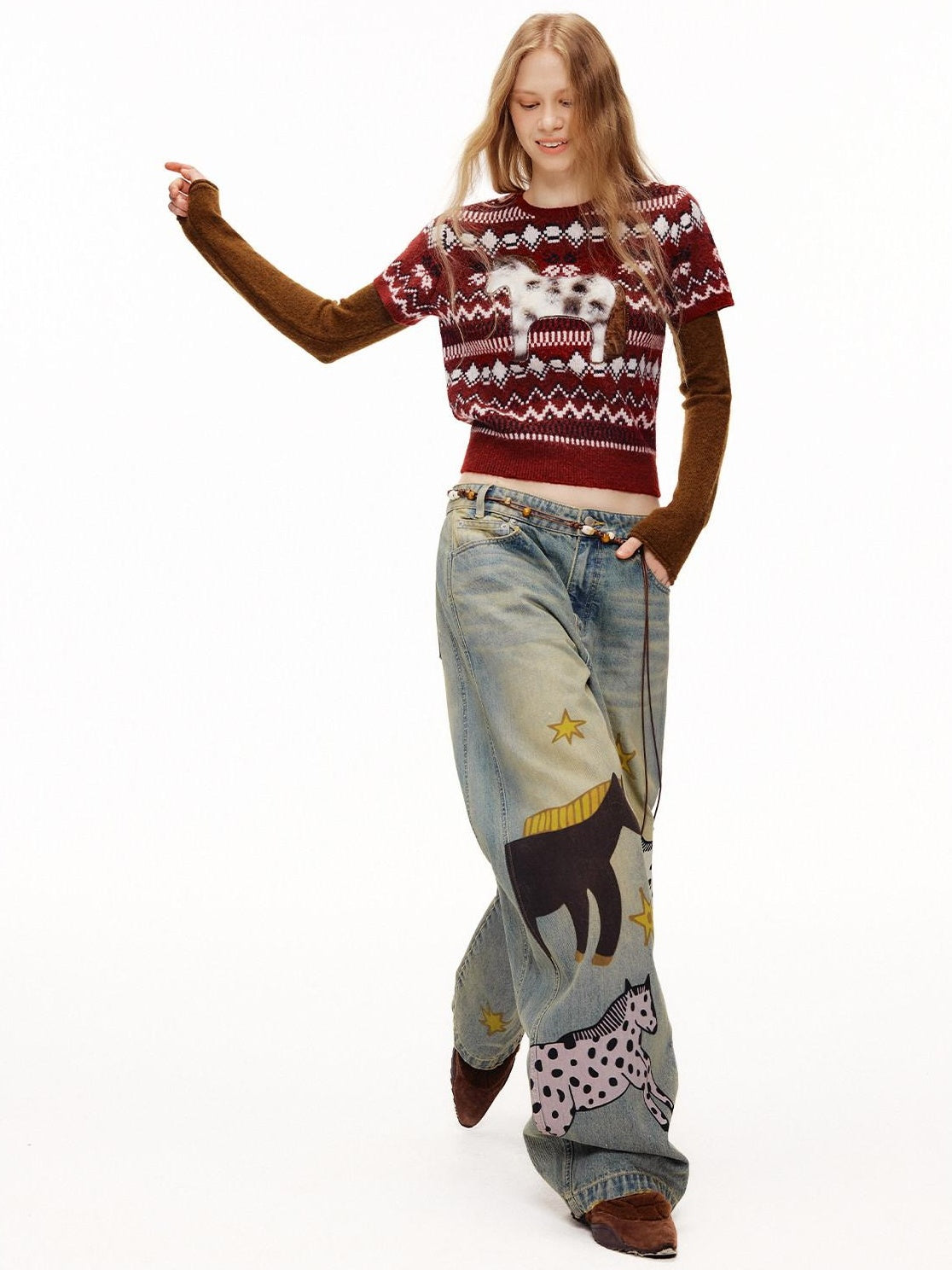 OuttheBlue Soft Knit Faux Two Piece Cropped Crew Neck Women Burgundy Animal Sweaters