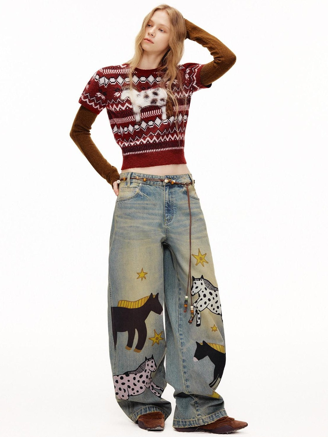 OuttheBlue Soft Knit Faux Two Piece Cropped Crew Neck Women Burgundy Animal Sweaters