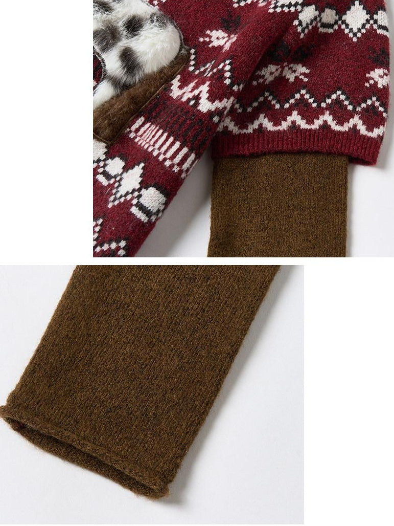 OuttheBlue Soft Knit Faux Two Piece Cropped Crew Neck Women Burgundy Animal Sweaters