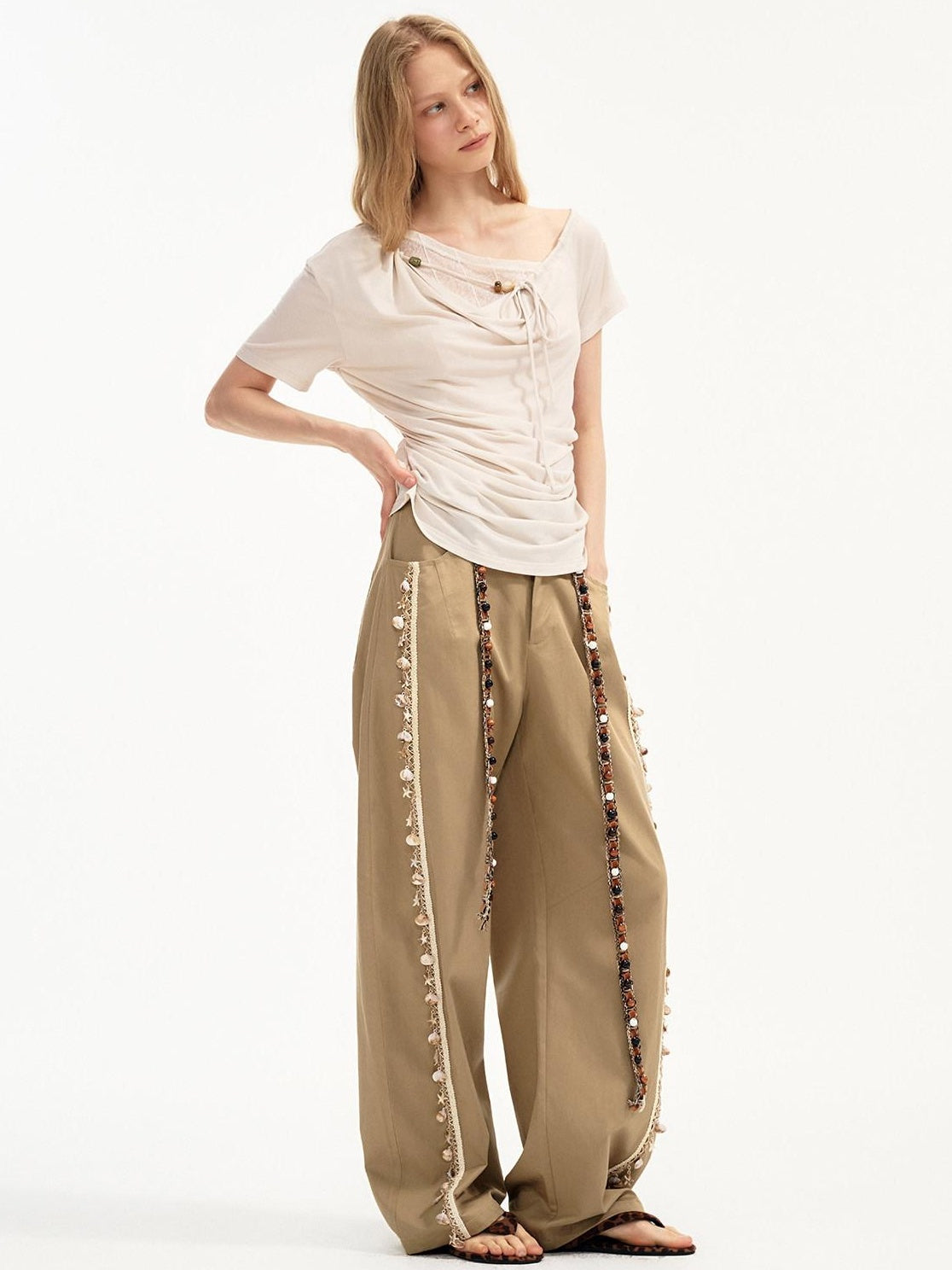 OuttheBlue Soft Lyocell Blend Pocket Straight Leg Relaxed Zip Fly Natural Waist Khaki Pants