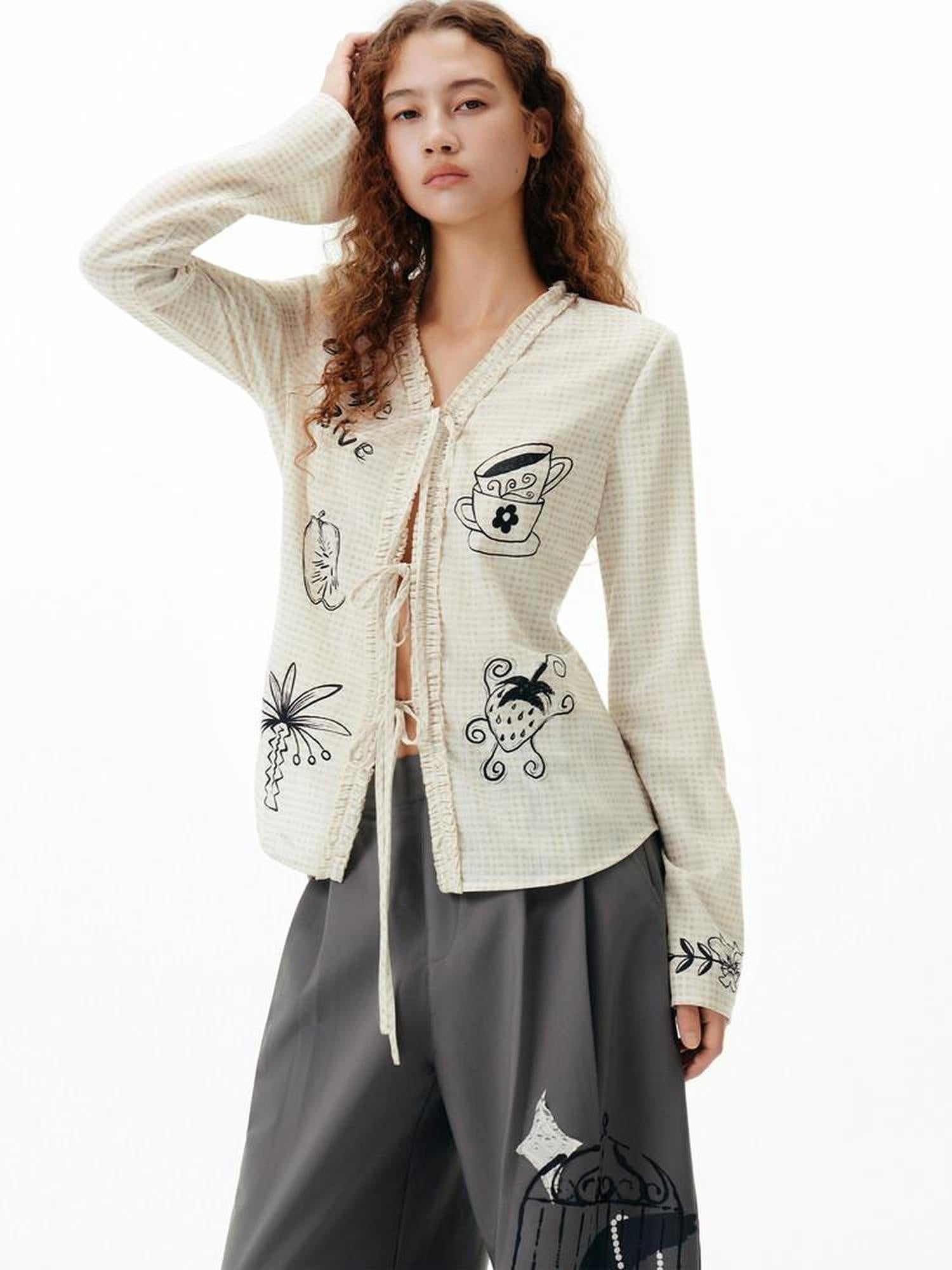 OuttheBlue Soft Polyester Slim Tie V-neck Casual Long Sleeve Cartoon Print Womens Cardigans