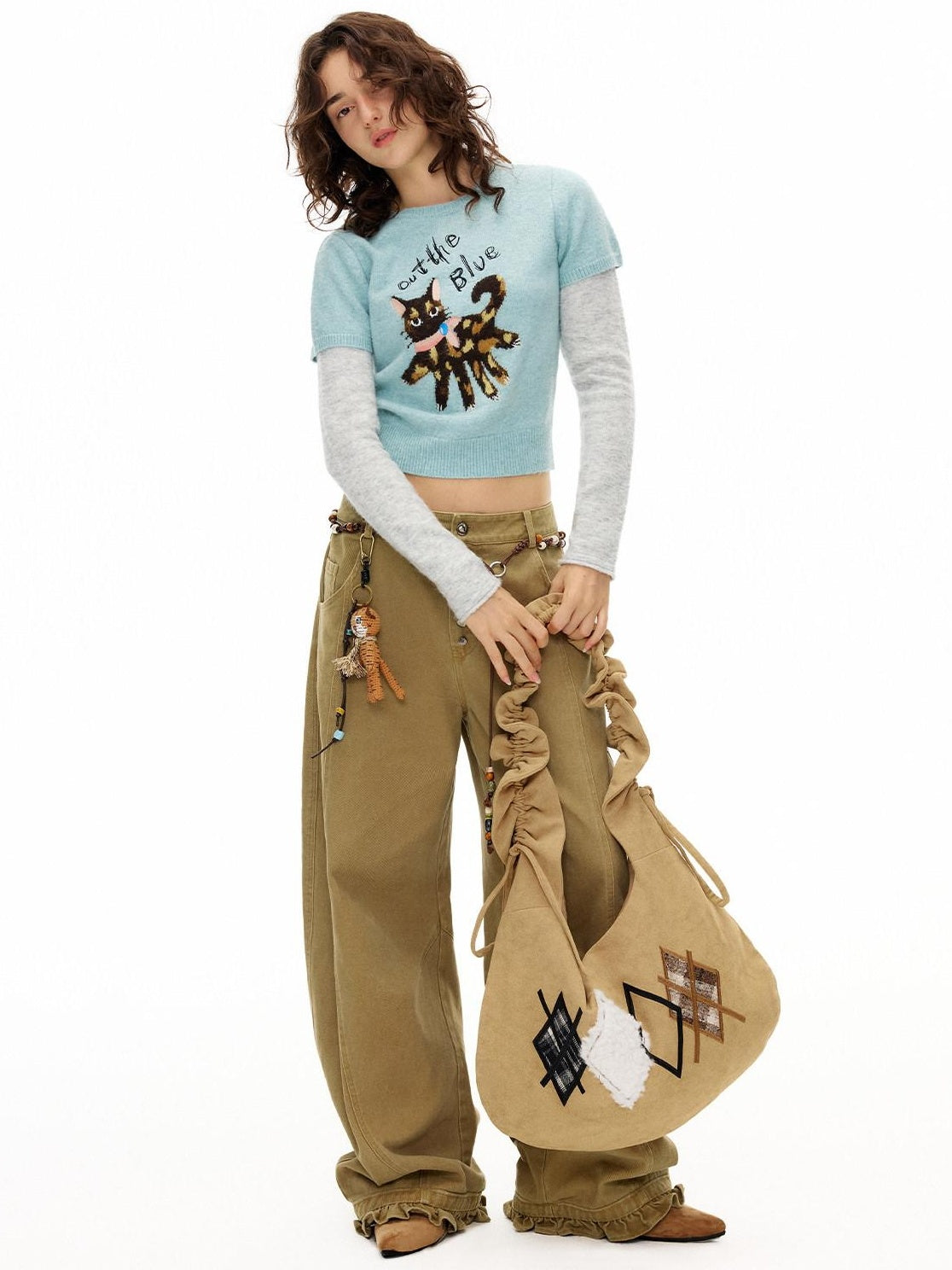 OuttheBlue Soft Slim Fit Faux Layer Embroidered Short Sleeve Travel Women Gray Blue Knitwear