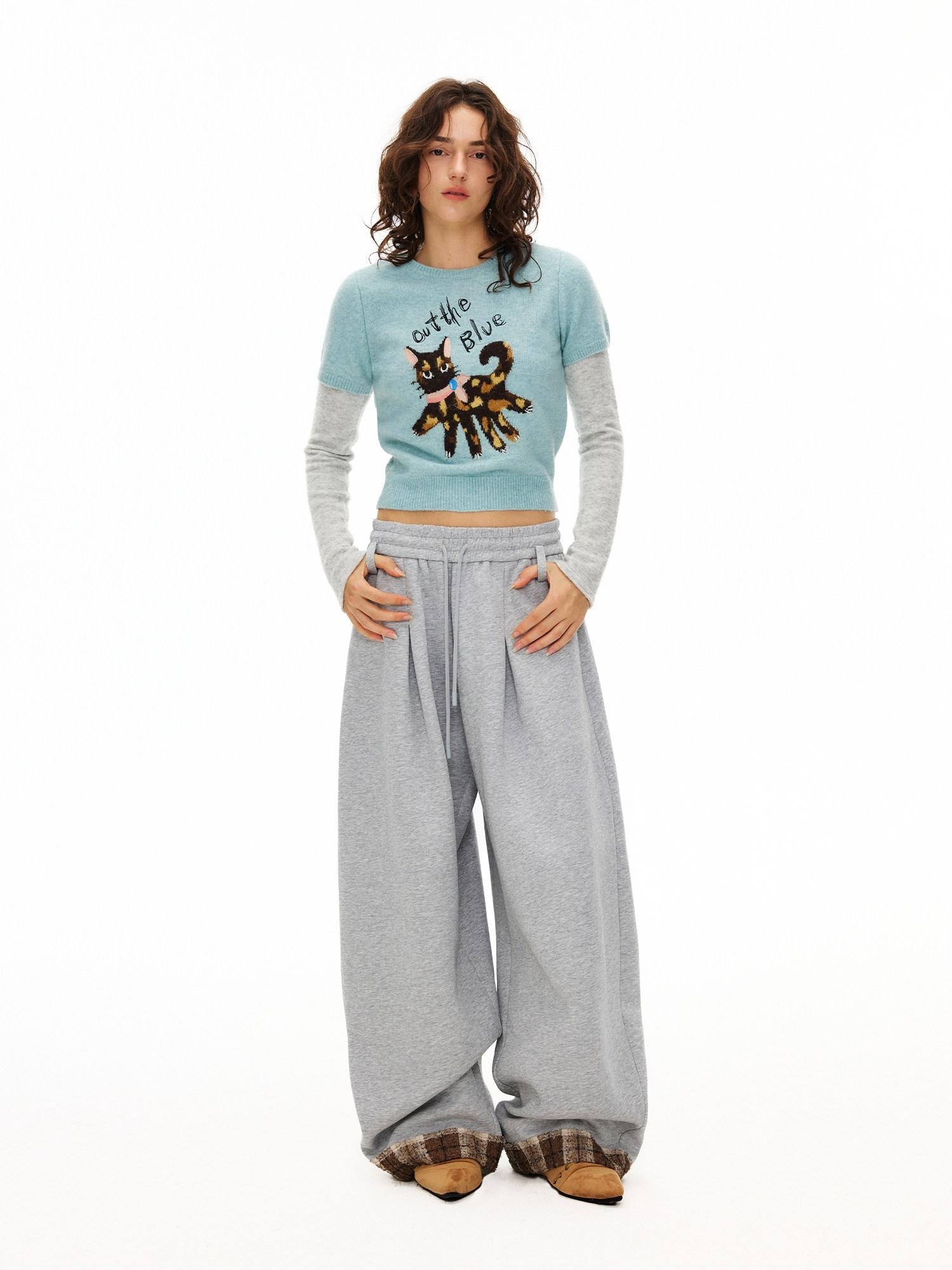 OuttheBlue Soft Slim Fit Faux Layer Embroidered Short Sleeve Travel Women Gray Blue Knitwear