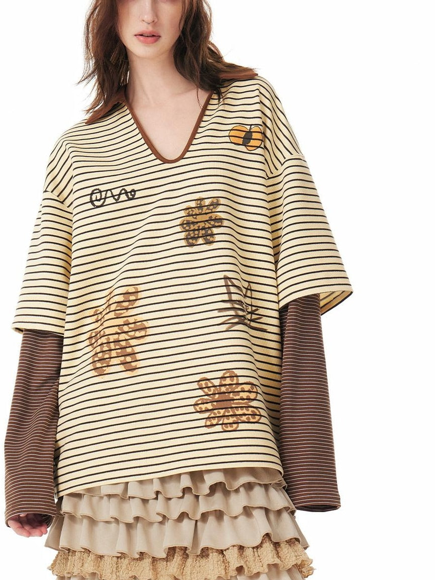 OuttheBlue Soft Stretch Artistic Striped V-neck Loose Fit Casual Women Long Sleeve T-Shirts
