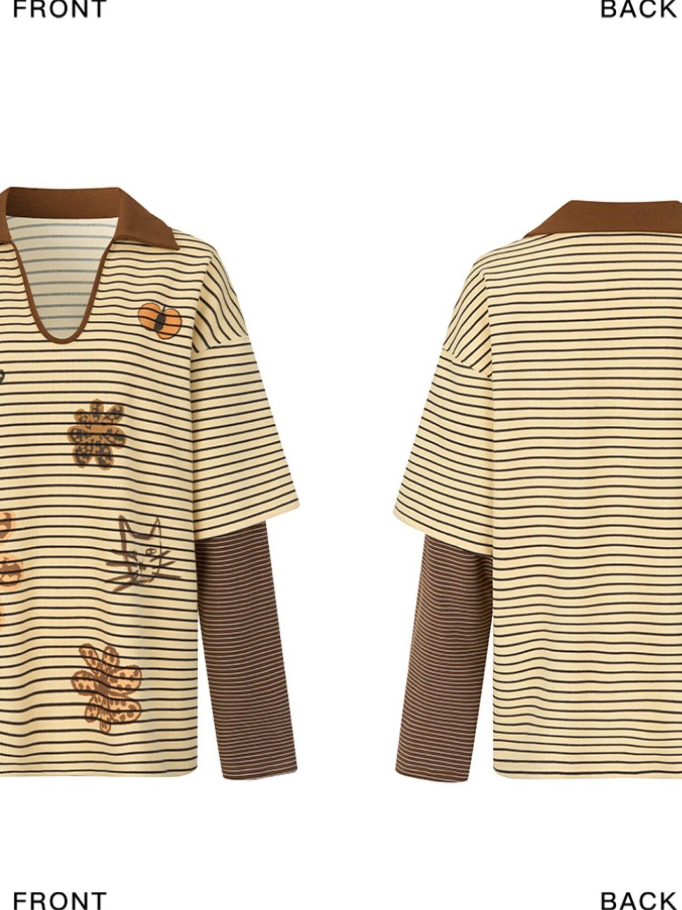 OuttheBlue Soft Stretch Artistic Striped V-neck Loose Fit Casual Women Long Sleeve T-Shirts