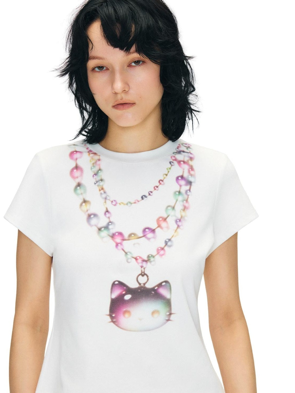 OuttheBlue Soft Stretch Slim Fit Round Neck Women White Cat Print Short Sleeve T-Shirts
