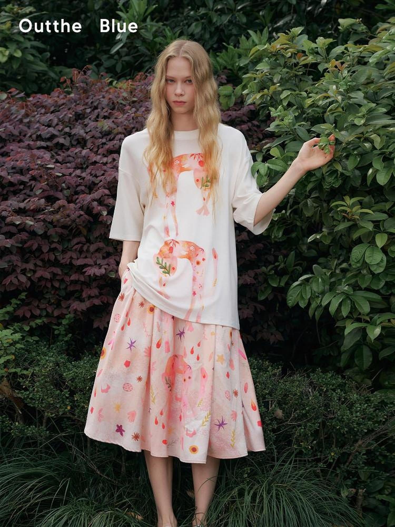 OuttheBlue Soft Tencel Round Neck Two Piece White Tee Pink Orange Skirt Top & Skirt Sets