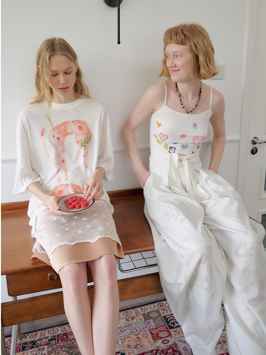 OuttheBlue Soft Tencel Round Neck Two Piece White Tee Pink Orange Skirt Top & Skirt Sets