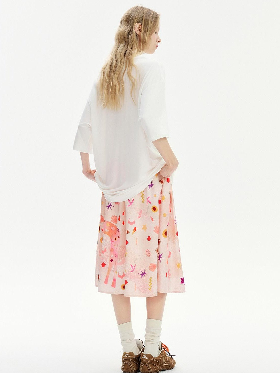 OuttheBlue Soft Tencel Round Neck Two Piece White Tee Pink Orange Skirt Top & Skirt Sets
