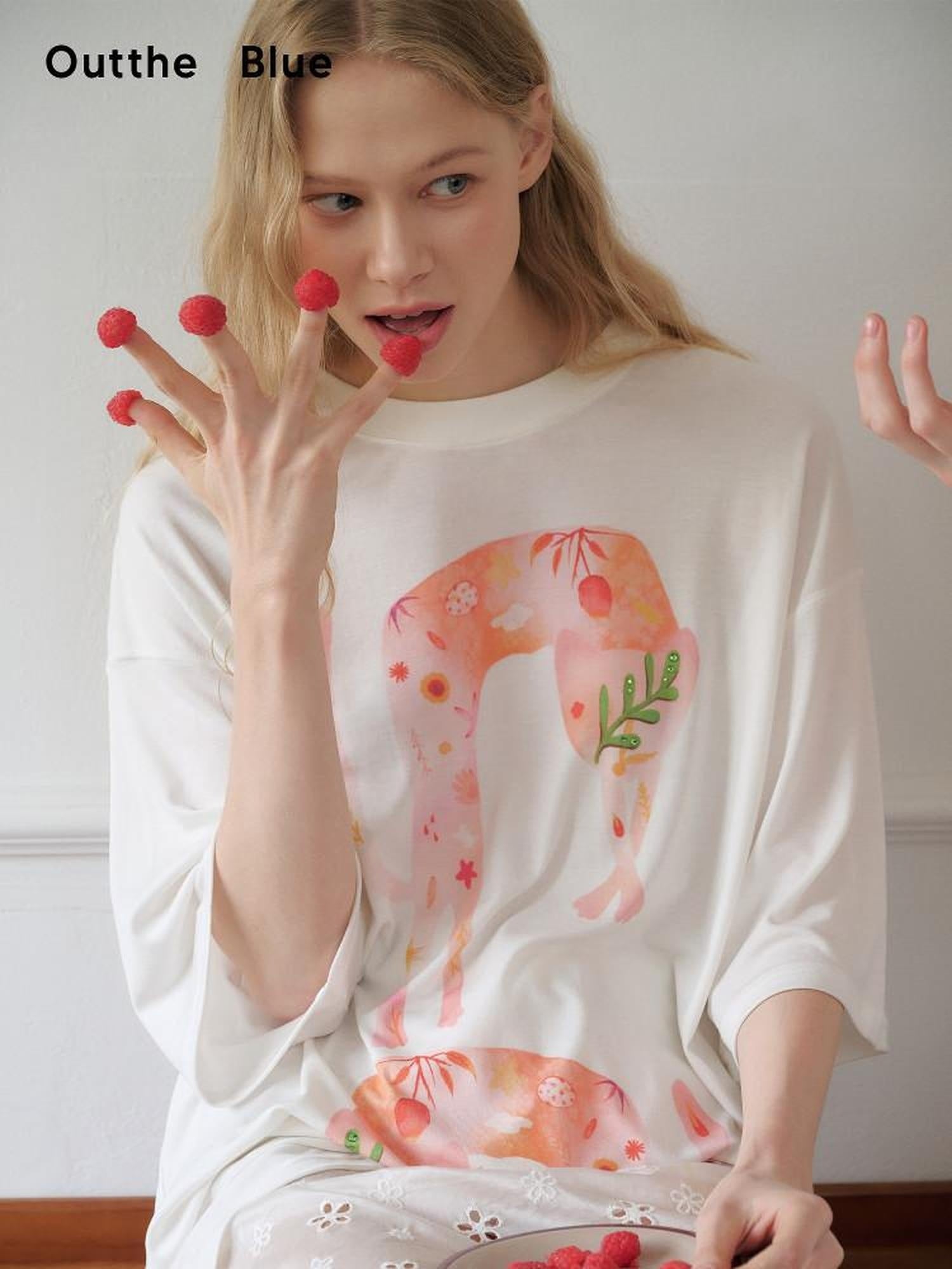 OuttheBlue Soft Tencel Round Neck Two Piece White Tee Pink Orange Skirt Top & Skirt Sets