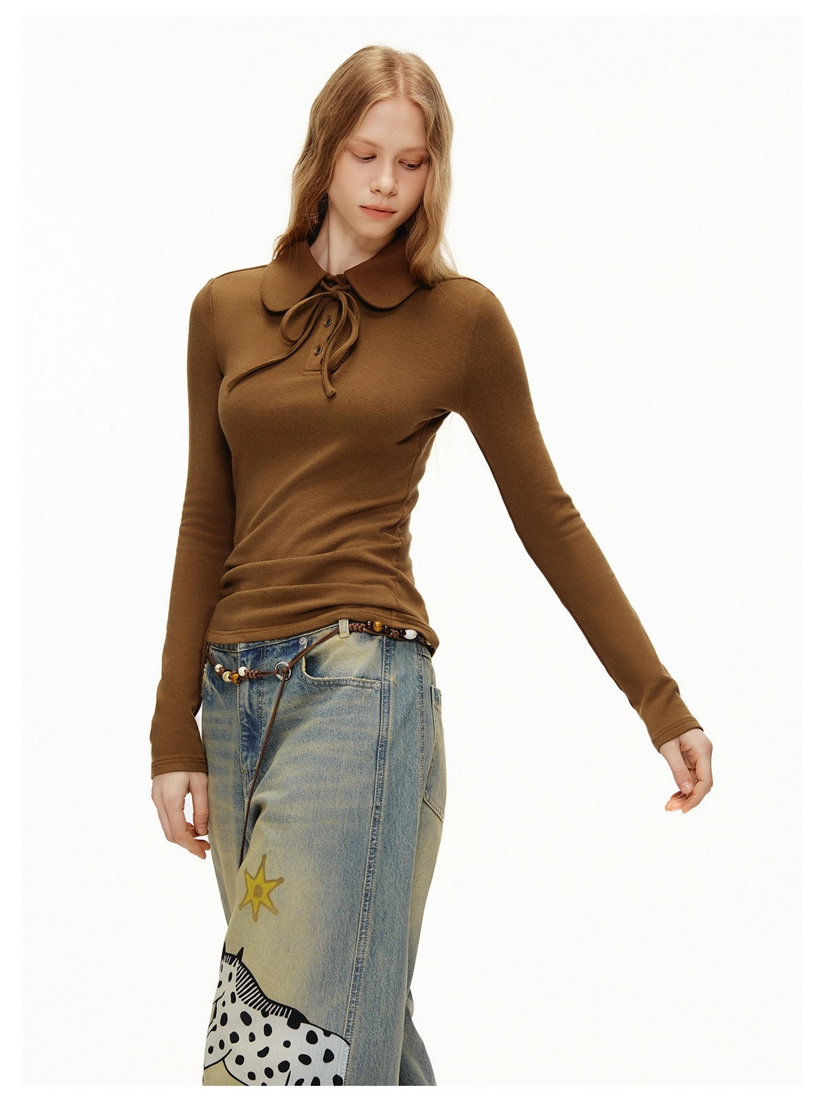 OuttheBlue Soft Viscose Wool Blend Slim Fit Henley Long Sleeve Casual Women Cocoa T-Shirt