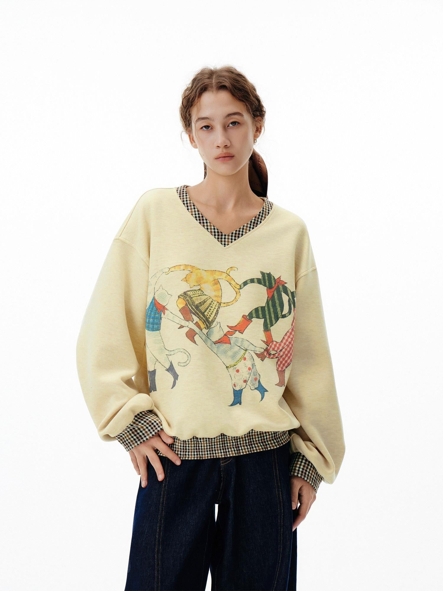 OuttheBlue Soft Wool Blend V-neck Plaid Loose Fit Commuter Pullover Light Yellow Sweatshirt