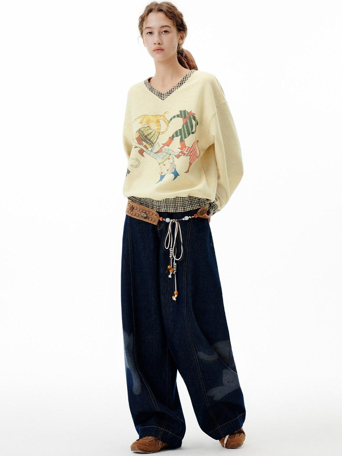 OuttheBlue Soft Wool Blend V-neck Plaid Loose Fit Commuter Pullover Light Yellow Sweatshirt