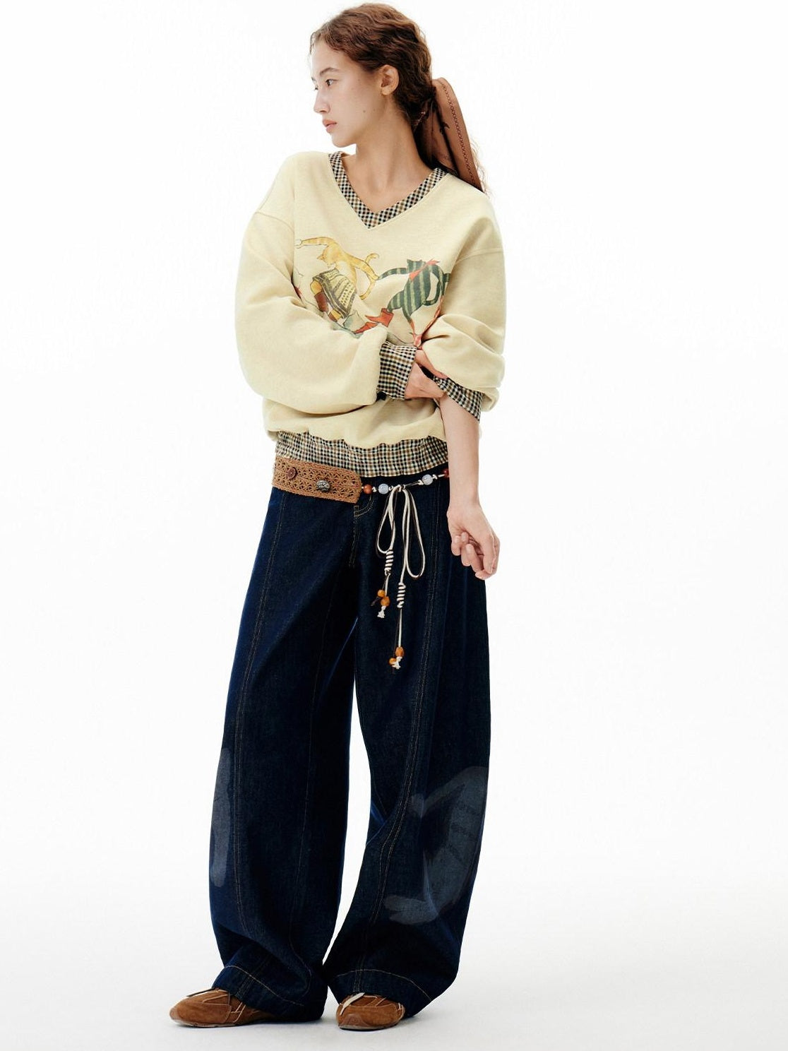 OuttheBlue Soft Wool Blend V-neck Plaid Loose Fit Commuter Pullover Light Yellow Sweatshirt
