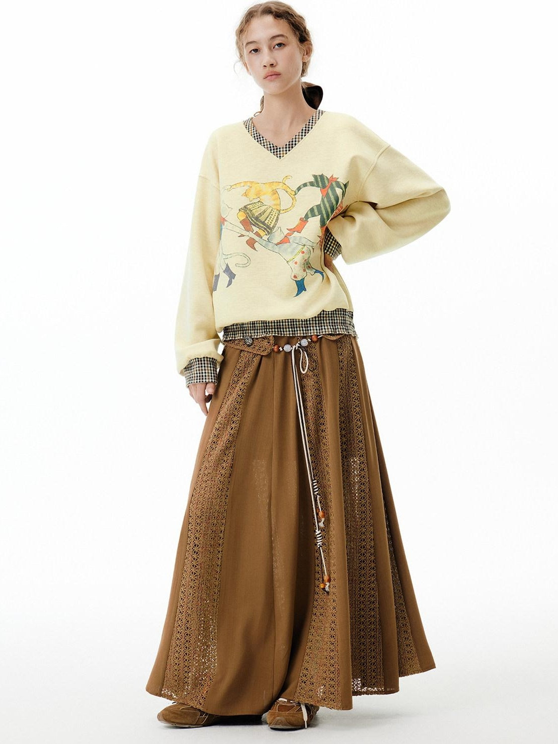 OuttheBlue Soft Wool Blend V-neck Plaid Loose Fit Commuter Pullover Light Yellow Sweatshirt