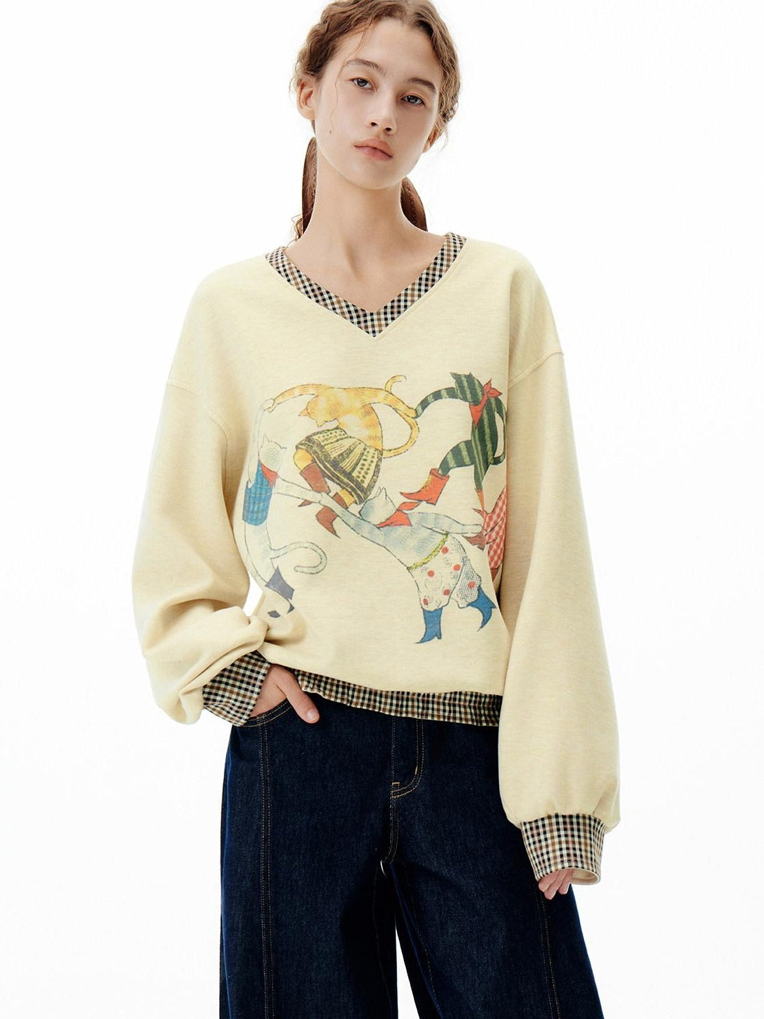 OuttheBlue Soft Wool Blend V-neck Plaid Loose Fit Commuter Pullover Light Yellow Sweatshirt