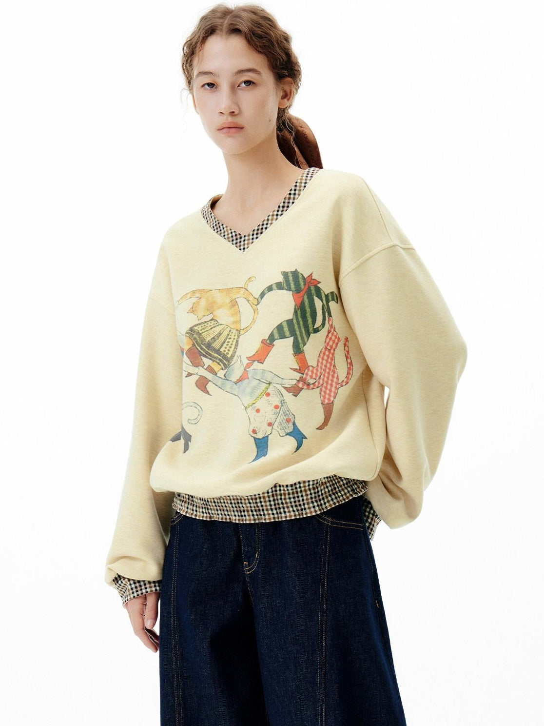 OuttheBlue Soft Wool Blend V-neck Plaid Loose Fit Commuter Pullover Light Yellow Sweatshirt