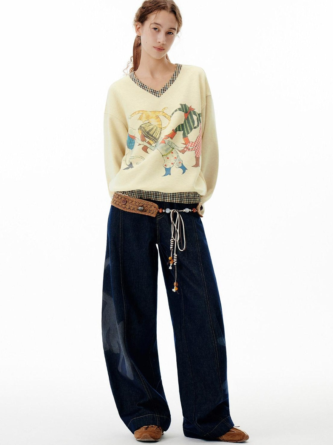 OuttheBlue Soft Wool Blend V-neck Plaid Loose Fit Commuter Pullover Light Yellow Sweatshirt