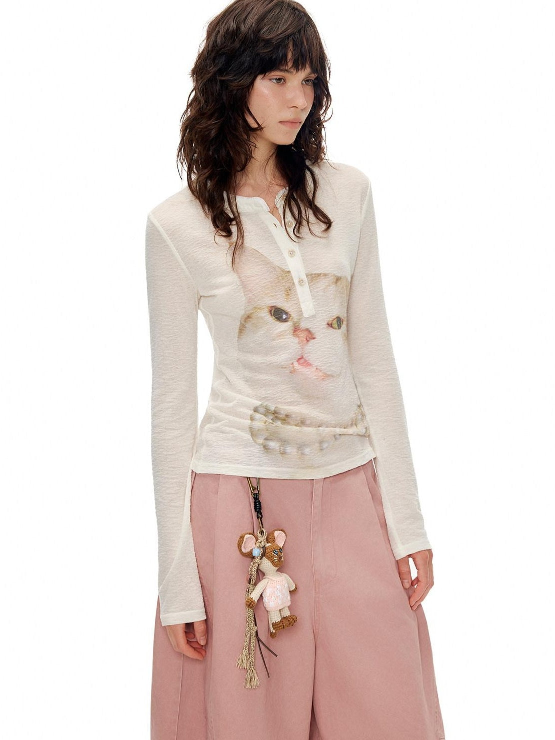 OuttheBlue Soft Wool Lyocell Slim Fit Casual Printed Women Pearl White Long Sleeve T-Shirts
